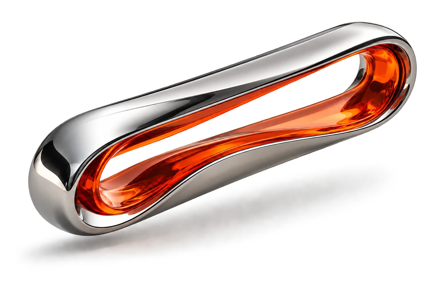 An original chrome and orange glass sculpture, a continuous loop shaped like a dash